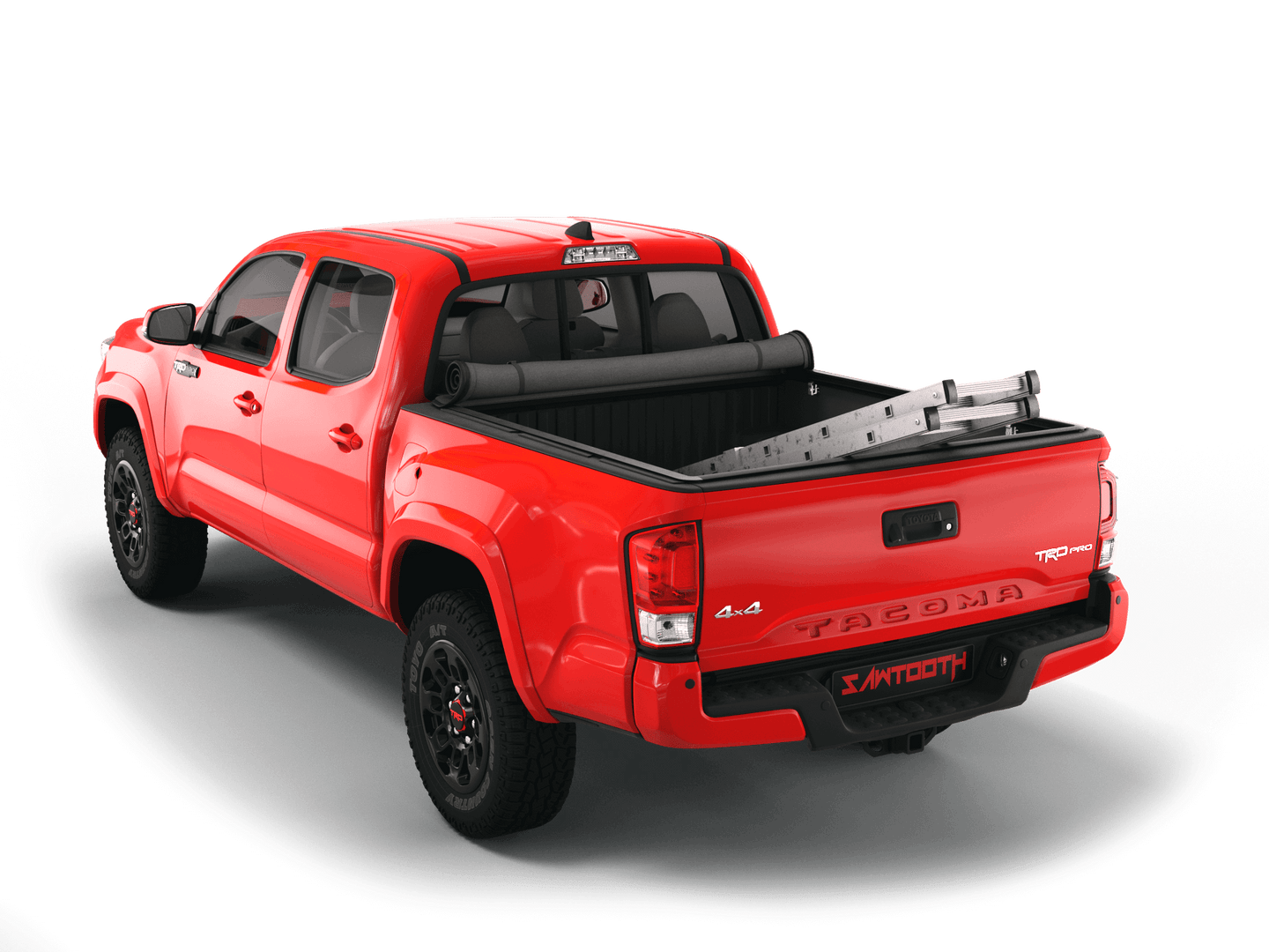 Red Toyota Tacoma with Sawtooth Stretch expandable soft roll up tonneau cover with ladder and open tailgate 